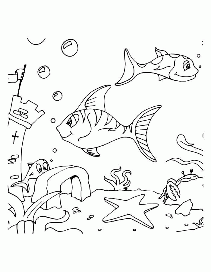 Раскраска Рыбы плавают возле подводного замка Скачать .  Распечатать 