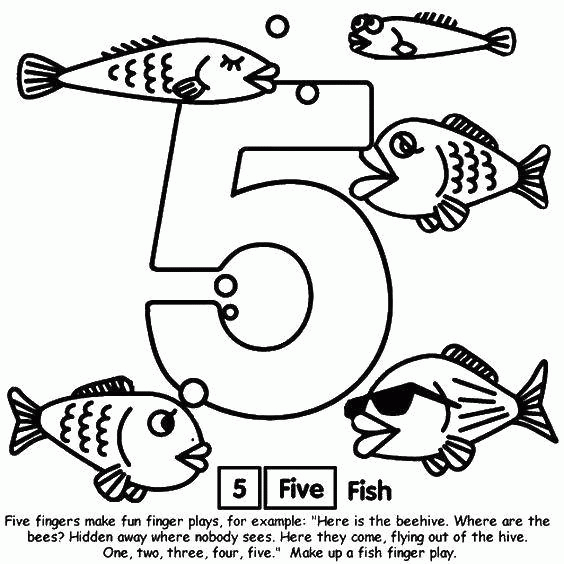 Раскраска Цифра 5 и рыбы Скачать .  Распечатать 