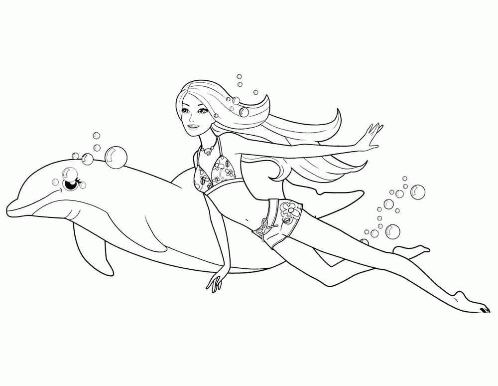Раскраска Девочка в купальнике плавает с дельфином Скачать .  Распечатать 
