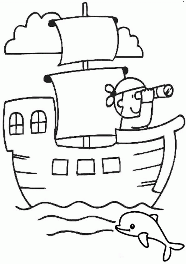 Раскраска Раскраски корабликов дельфин плавает у корабля а капитан смотрит в подзорную трубу Скачать .  Распечатать 