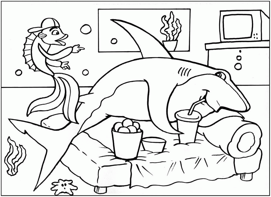 Название: Раскраска Подводная братва, акула лежит на диване и потягивает коктель. Категория: . Теги: .