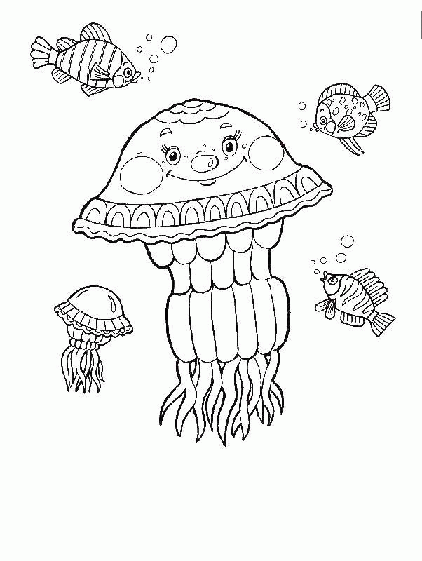 Название: Раскраска Веселая медуза плавает с рыбками. Категория: . Теги: .
